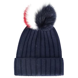 Moncler-Moncler Beanie with Multicolor Pompom in Navy Blue Wool-Blue,Navy blue