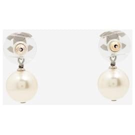Chanel-Silver CC rhinestone faux pearl drop stud earrings-Silvery
