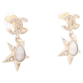 Chanel-Gold plated CC rhinestone star drop earrings-Golden