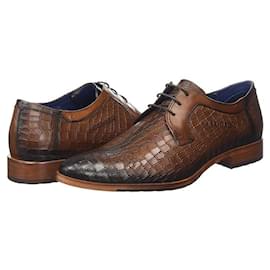 Autre Marque-Chaussures Derby formelles pour hommes en cuir cognac imprimé alligator à lacets-Marron