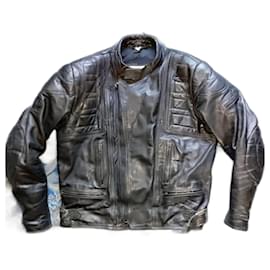 Autre Marque-80s Double Breasted Motorcycle Biker Cruiser Rider Chopper Twin Track Fully Zipped Leather Jacket-Black