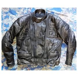 Autre Marque-80s Double Breasted Motorcycle Biker Cruiser Rider Chopper Twin Track Fully Zipped Leather Jacket-Black