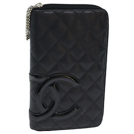 CHANEL Cambon Line Long Wallet Leather Black CC Auth 77444 Black