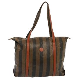 FENDI Pecan Canvas Tote Bag Brown Black Auth bs14250 Brown Black