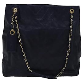 Chanel-CHANEL Sac à épaule à chaîne bicolore en cuir d'agneau bleu marine CC Auth bs15105-Bleu Marine