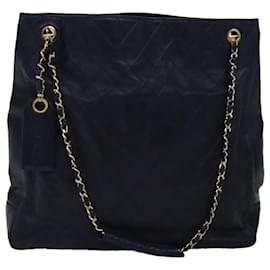 Chanel-CHANEL Bicolore Chain Shoulder Bag Lamb Skin Navy CC Auth bs15105-Navy blue