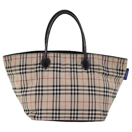 Burberry-BURBERRY Nova Check Blue Label Tote Bag Nylon Beige Auth ti1762-Beige