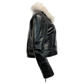 Autre Marque-Unreal Fur Black Patent Leather Jacket with Faux Fur Collar-Black