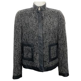Les Copains Grey Tweed Jacket with Black Leather Trim Grey
