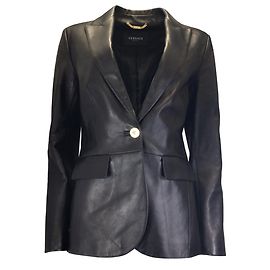 Blazer classique en cuir d'agneau noir / or avec boutons Versace Noir
