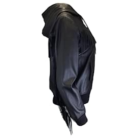 Saint Laurent-Saint Laurent Black Fringe Detail Hooded Full Zip Lambskin Leather Jacket-Black