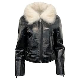 Autre Marque-Unreal Fur Black Patent Leather Jacket with Faux Fur Collar-Black