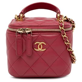 Chanel-Étui de vanité à poignée supérieure en cuir d'agneau mini rouge Chanel avec chaîne-Rouge