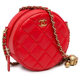 Chanel-Red Chanel CC Quilted Lambskin Pearl Crush Round Clutch with Chain Crossbody Bag-Red