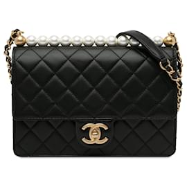 Chanel-Black Chanel Medium Quilted Goatskin Chic Pearls Flap Crossbody Bag-Black
