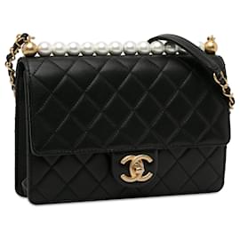 Chanel-Black Chanel Medium Quilted Goatskin Chic Pearls Flap Crossbody Bag-Black