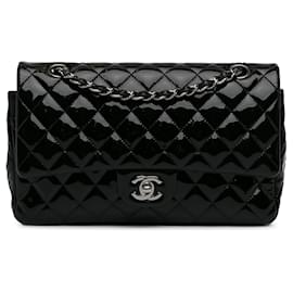 Chanel-Black Chanel Medium Classic Patent Double Flap Shoulder Bag-Black
