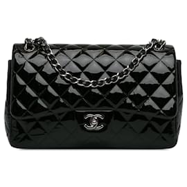 Chanel-Black Chanel Jumbo Classic Patent Double Flap Shoulder Bag-Black