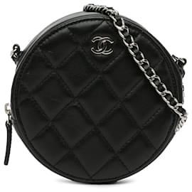 Chanel-Sac à main rond en cuir d'agneau matelassé noir Chanel CC avec chaîne-Noir