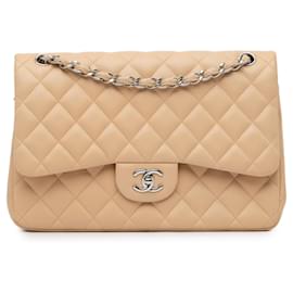 Chanel-Tan Chanel Jumbo Classic Lambskin Double Flap Shoulder Bag-Camel