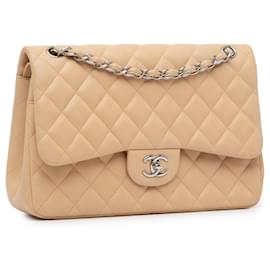 Chanel-Tan Chanel Jumbo Classic Lambskin Double Flap Shoulder Bag-Camel