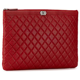 Chanel-Red Chanel Large Quilted Caviar Boy O Case Clutch-Red