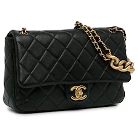 Chanel-Black Chanel Quilted Lambskin Chain with Chain Leather Classic Bag-Black