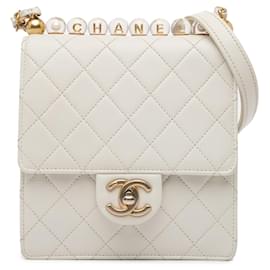 Chanel-White Chanel Small Lambskin Chic Pearls Flap Crossbody Bag-White