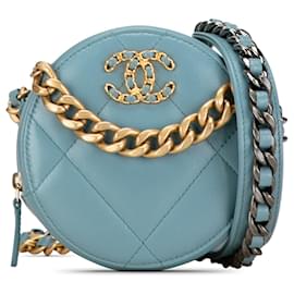 Chanel-Pochette ronde 19 en cuir d'agneau bleu Chanel avec chaîne-Bleu