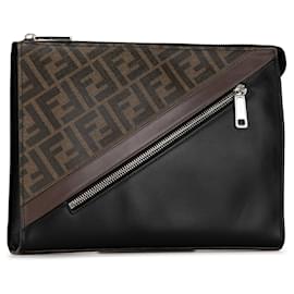 Fendi-Brown Fendi Zucca Diagonal Front Zip Clutch-Brown