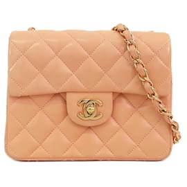 Chanel-Sac à bandoulière classique en cuir d'agneau rose Chanel Mini Square à rabat simple-Rose