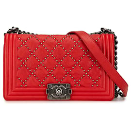 Chanel-Red Chanel Medium Studded Crumpled Calfskin Boy Flap Crossbody Bag-Red