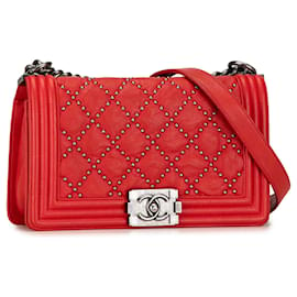 Chanel-Red Chanel Medium Studded Crumpled Calfskin Boy Flap Crossbody Bag-Red