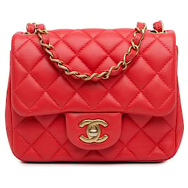 Chanel-Sac à bandoulière classique en cuir d'agneau rouge Chanel Mini Square à rabat simple-Rouge