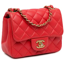 Chanel-Sac à bandoulière classique en cuir d'agneau rouge Chanel Mini Square à rabat simple-Rouge