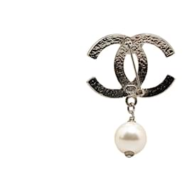 Chanel-Silver Chanel Brass CC Faux Pearl Brooch-Silvery