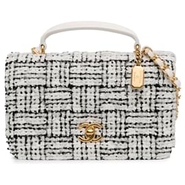 Chanel-White Chanel CC Quilted Tweed Top Handle Full Flap Satchel-White