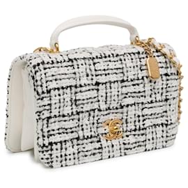 Chanel-White Chanel CC Quilted Tweed Top Handle Full Flap Satchel-White