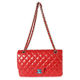 Chanel-Sac à main classique double rabat moyen en cuir d'agneau matelassé rouge Chanel-Rouge