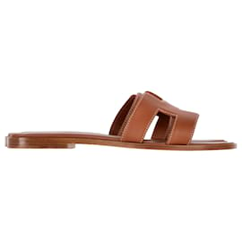 Hermès-Hermès Oran Flat Slides in Brown Leather-Brown,Red