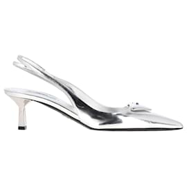 Prada-Prada Logo Slingback Pumps in Silver Leather-Silvery,Metallic