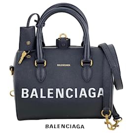 Balenciaga-Balenciaga Ville Bowling Small Black Grained Leather Satchel Crossbody Bag-Black