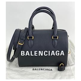 Balenciaga-Balenciaga Ville Bowling Small Black Grained Leather Satchel Crossbody Bag-Black
