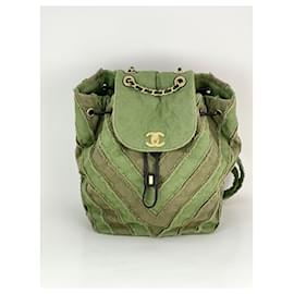 Chanel-CHANEL Backpack Canvas Chevron Cuba Patchwork Khaki Green Backpack Preowned-Green,Khaki