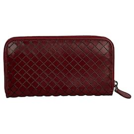 Bottega Veneta-Bottega Veneta Burgundy Intrecciato Zip Around Leather Wallet Clutch-Red,Dark red