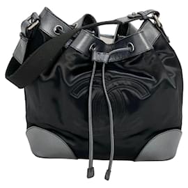 Chanel-CHANEL Satin CC Large Black Bucket Shouler Bag-Black