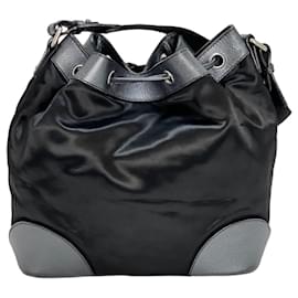 Chanel-CHANEL Satin CC Large Black Bucket Shouler Bag-Black