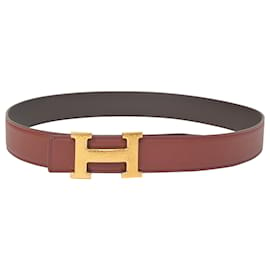 Hermès-Hermès Reversible H Belt in Brown Leather-Brown,Red
