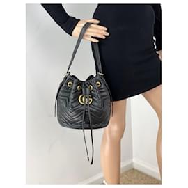 Gucci-Gucci Handbag Sylvie Web GG Marmont Black Leather Matelasse Bucket Bag-Black