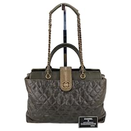 Chanel-CHANEL Glazed Calfskin Large Bindi CC Grey Tote Hand Bag-Grey